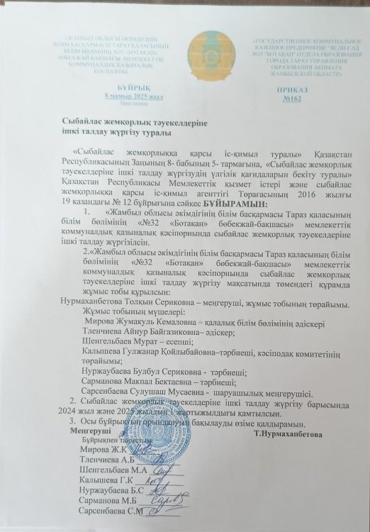 Сыбайлас жемқорлық тәуекелдеріне ішкі талдау жүргізу туралы бұйрық