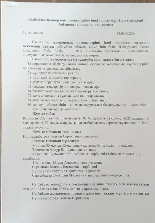Сыбайлас жемқорлық тәуекелдеріне ішкі талдау жүргізу нәтижелері бойынша талдамалық анықтама
